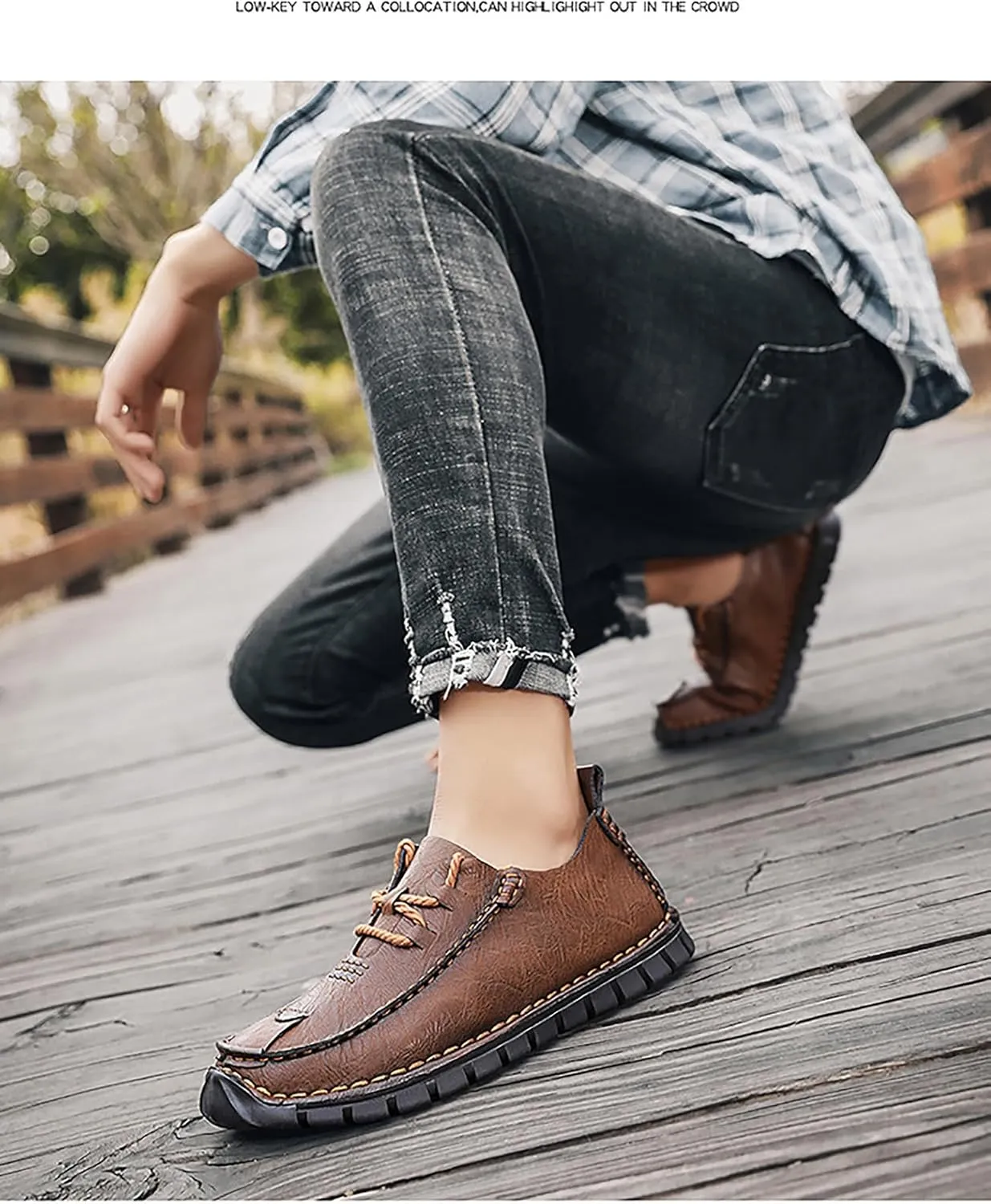 Men's Genuine Leather Hand Stitched Boat Loafers Casual Flat Sneakers,Lace-Up Non-Slip Soft Casual Walking Driving Fashion Sneakers