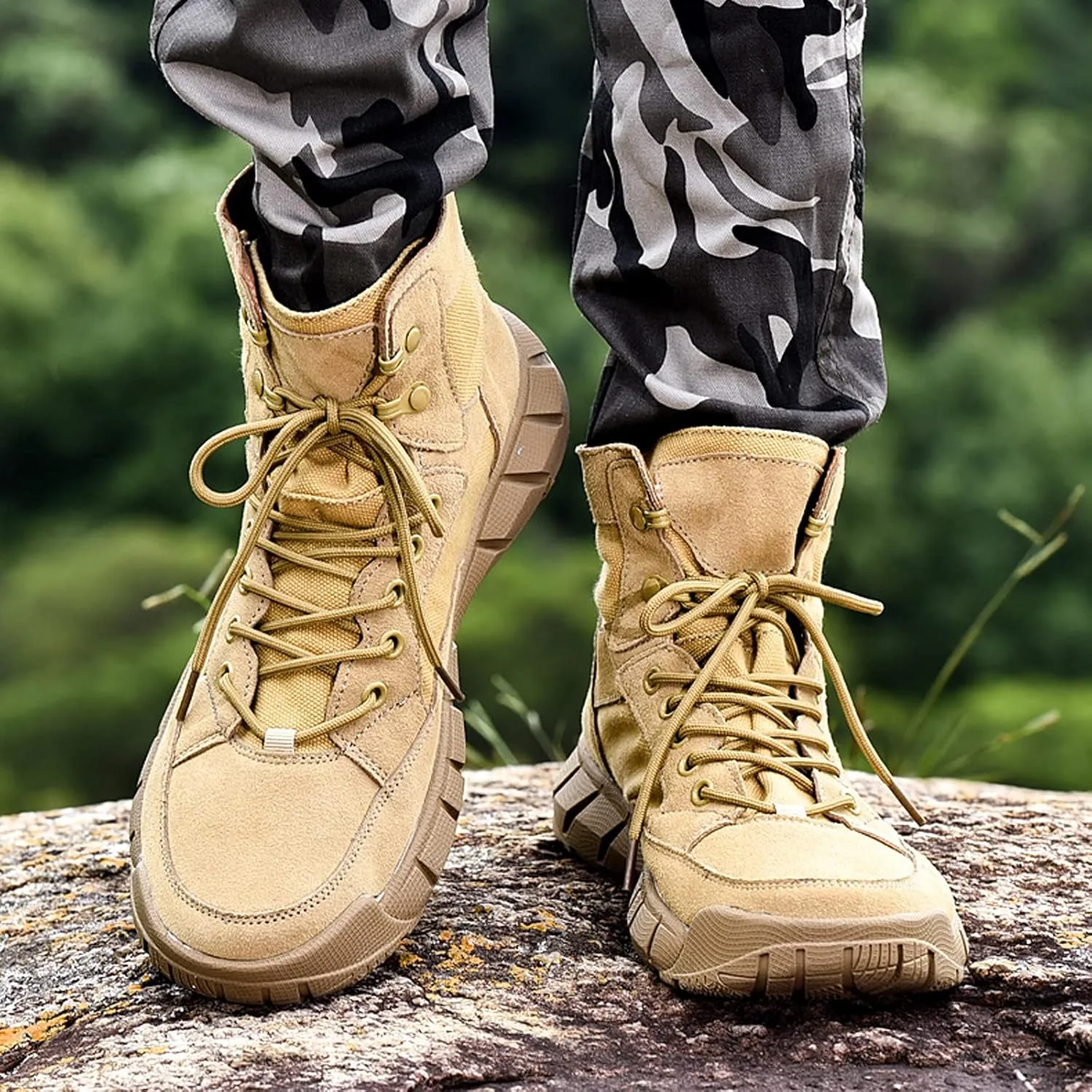 Men's Hiking Boots Walking Leather Waterproof Trail Running Climbing High Rise Shoes-Khaki||EU39/US7