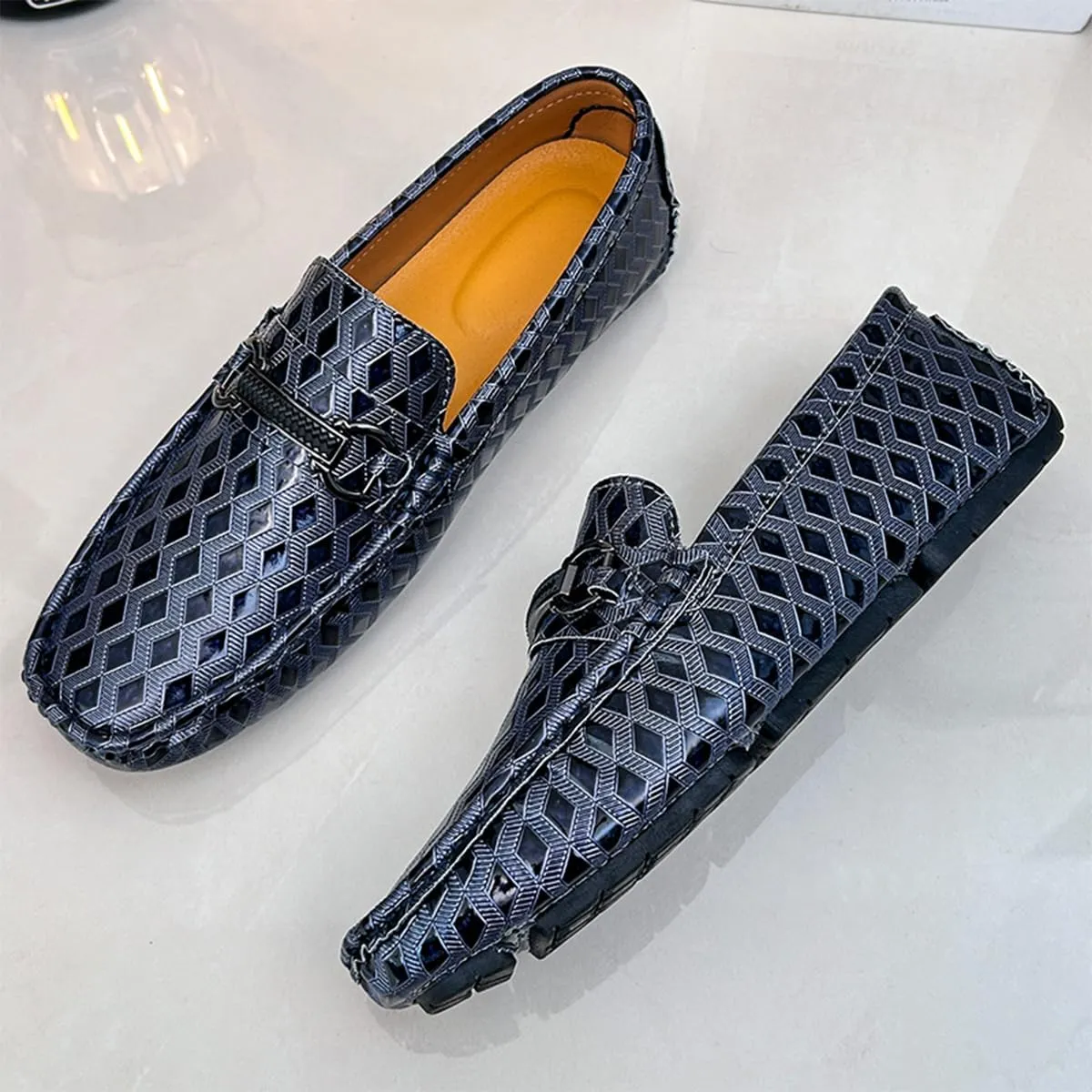 Men's Leather Loafers Black Slip-On Design Driving Loafers with Buckle Moccasins Shoes 10 Inches