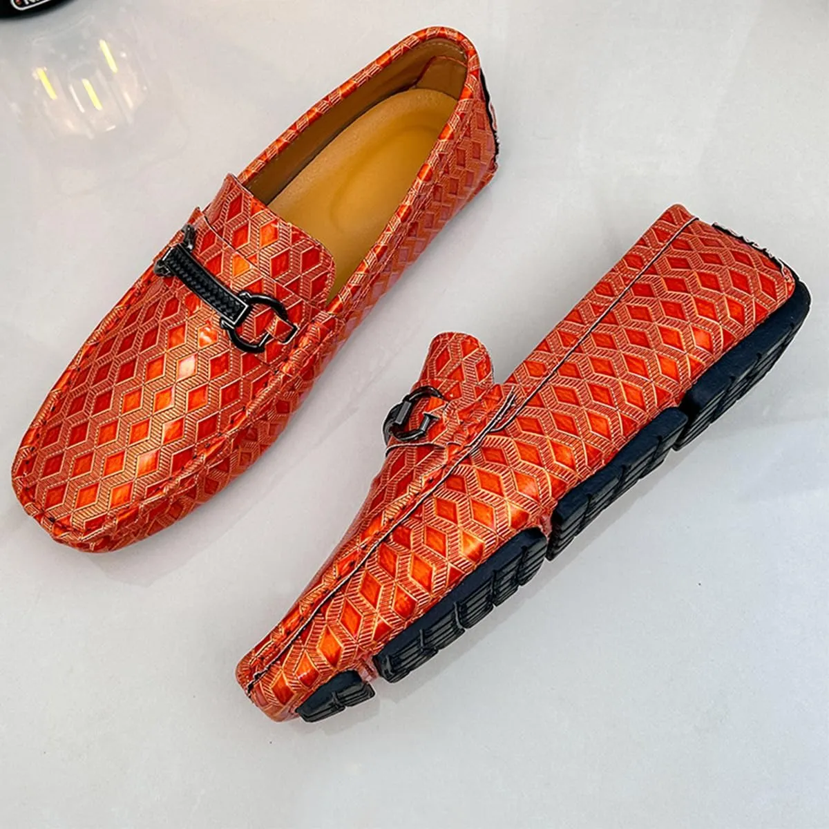 Men's Leather Loafers Black Slip-On Design Driving Loafers with Buckle Moccasins Shoes 10 Inches