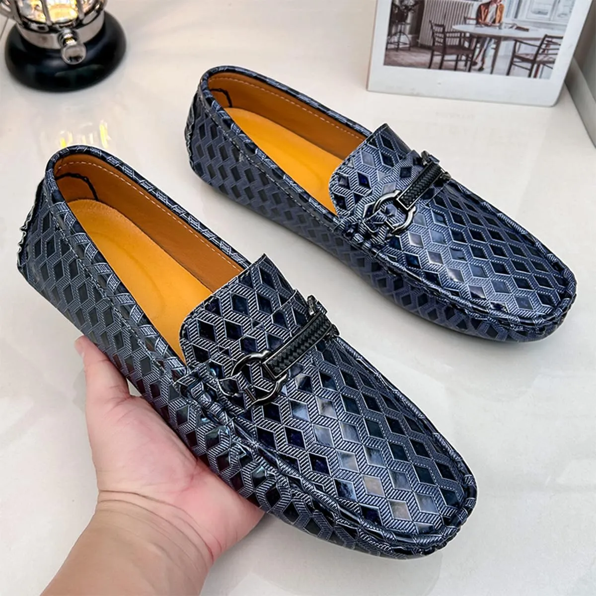 Men's Leather Loafers Black Slip-On Design Driving Loafers with Buckle Moccasins Shoes 10 Inches