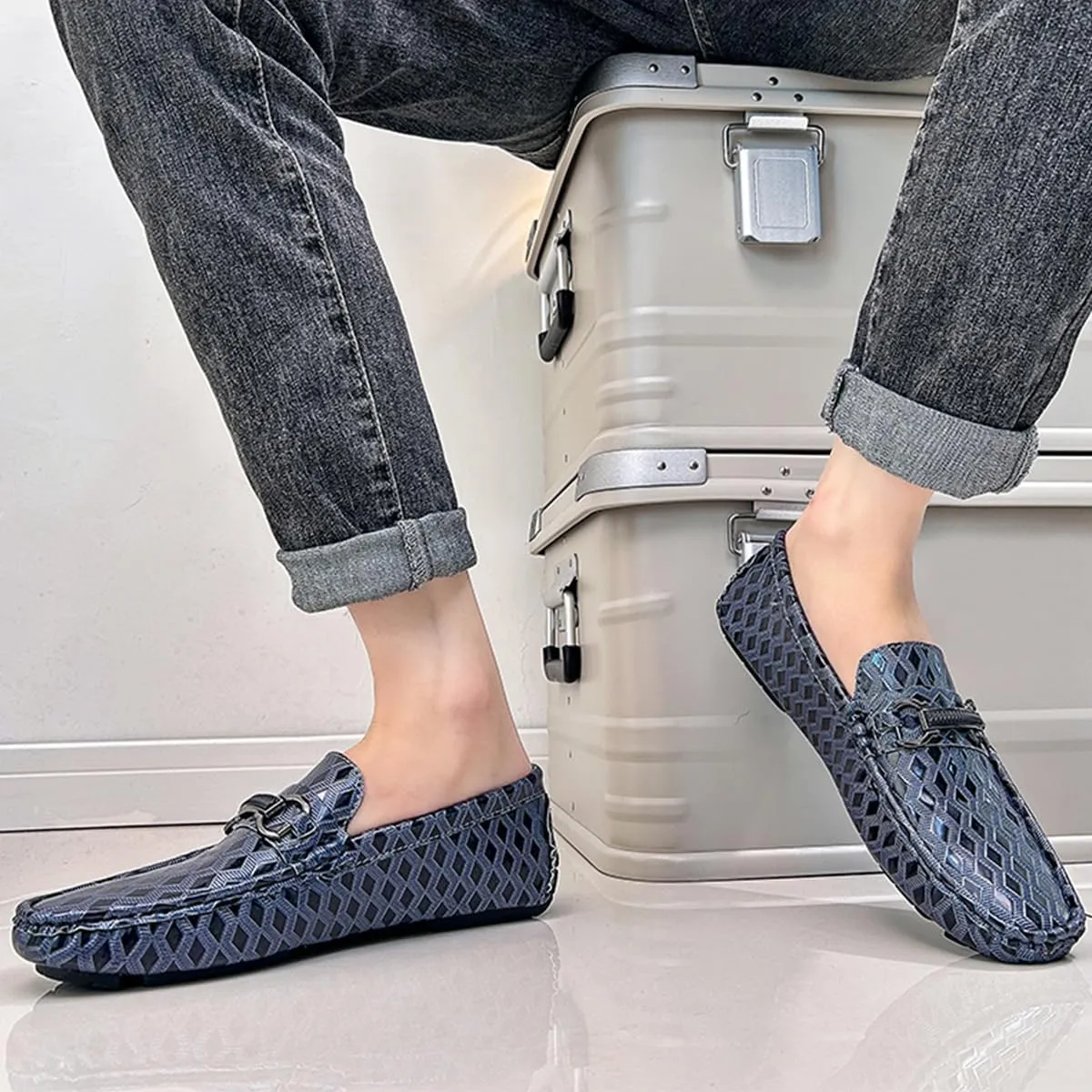Men's Leather Loafers Black Slip-On Design Driving Loafers with Buckle Moccasins Shoes 10 Inches