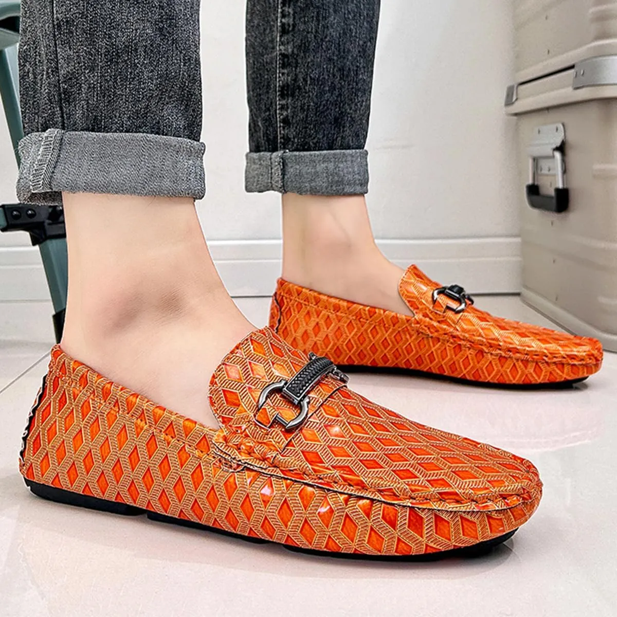 Men's Leather Loafers Black Slip-On Design Driving Loafers with Buckle Moccasins Shoes 10 Inches