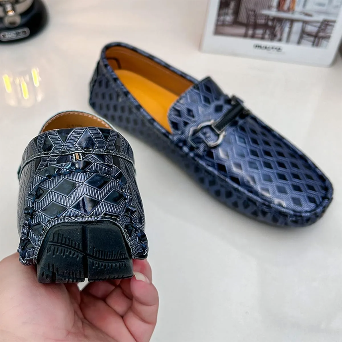 Men's Leather Loafers Black Slip-On Design Driving Loafers with Buckle Moccasins Shoes 10 Inches