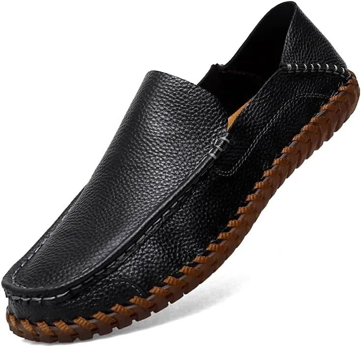 Mens Loafers Shoe Apron Toe Leather Round Toe Loafers Comfortable Flexible Slip Resistant Outdoor Casual Slip-ons
