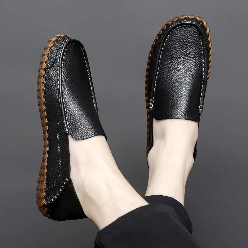 Mens Loafers Shoe Apron Toe Leather Round Toe Loafers Comfortable Flexible Slip Resistant Outdoor Casual Slip-ons