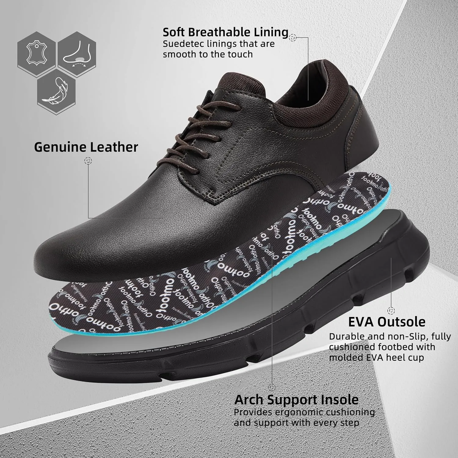 Mens Orthopedic Wide Business Leather Dress Shoes - Arch Support Plantar Fasciitis Classic Oxford - Comfortable Cap Toe Orthotics Patent Tuxedo Sneakers for Foot and Heel Pain Relief