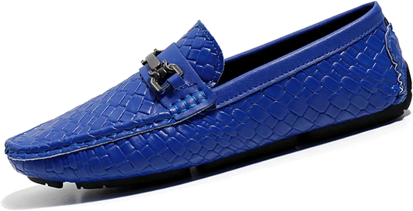 Men's Penny Loafers Woven Leather Driving Loafers Black Slip-On with Buckle Flats Boat Shoes Moccasins