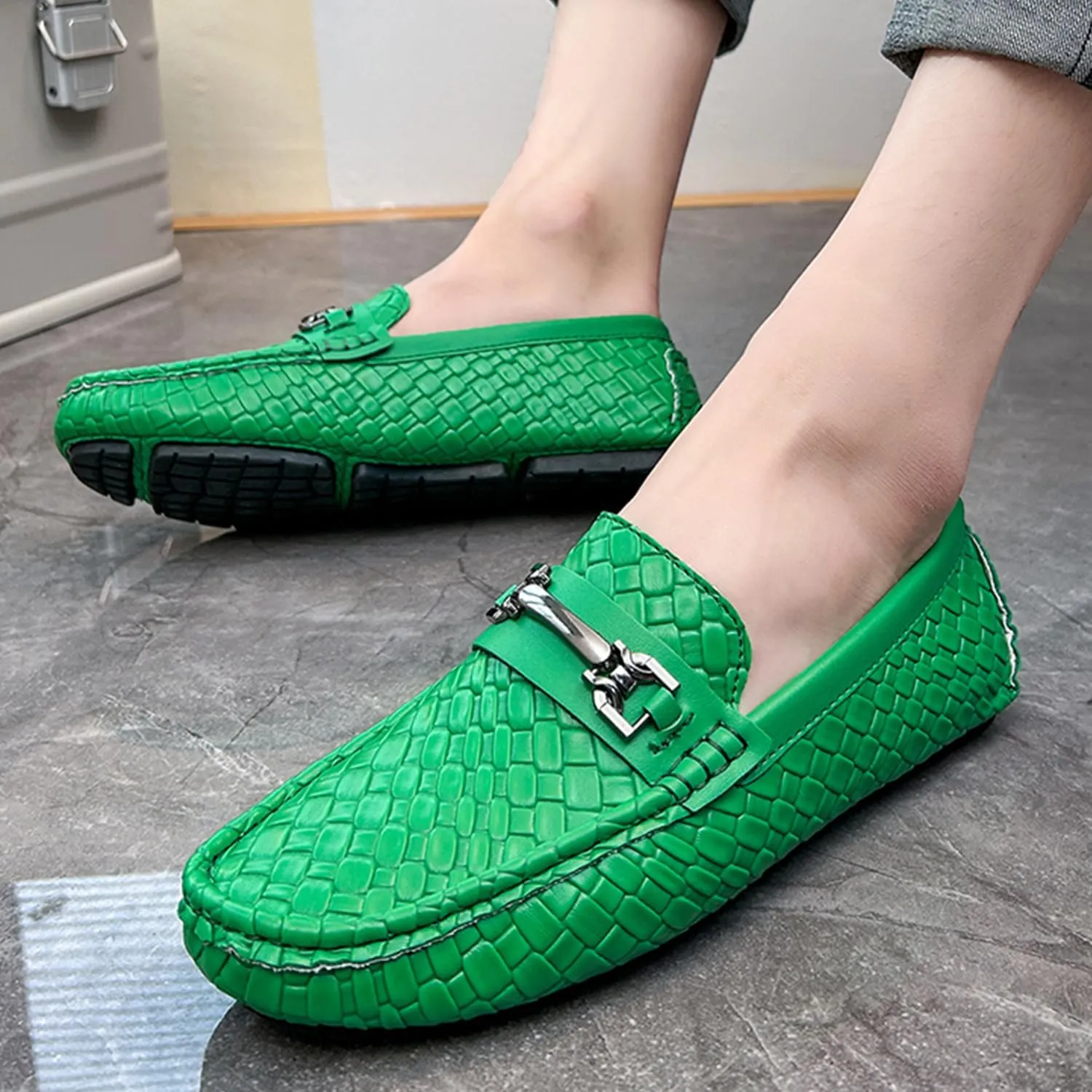 Men's Penny Loafers Woven Leather Driving Loafers Black Slip-On with Buckle Flats Boat Shoes Moccasins