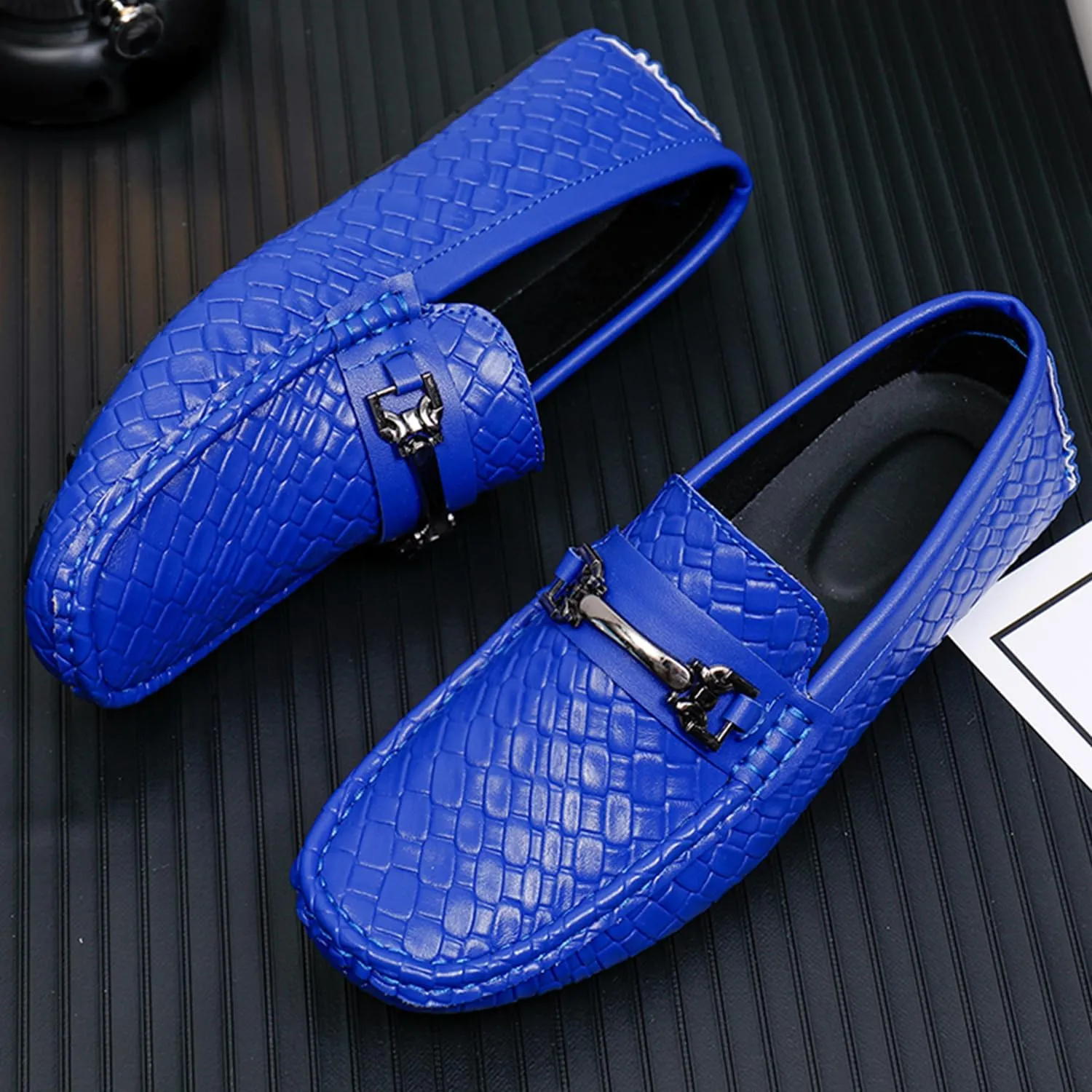 Men's Penny Loafers Woven Leather Driving Loafers Black Slip-On with Buckle Flats Boat Shoes Moccasins