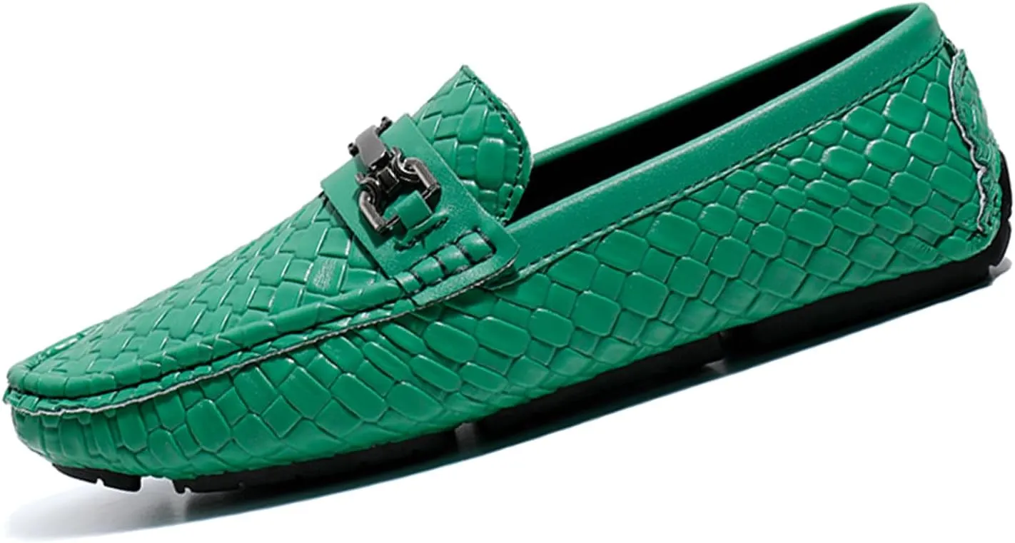 Men's Penny Loafers Woven Leather Driving Loafers Black Slip-On with Buckle Flats Boat Shoes Moccasins