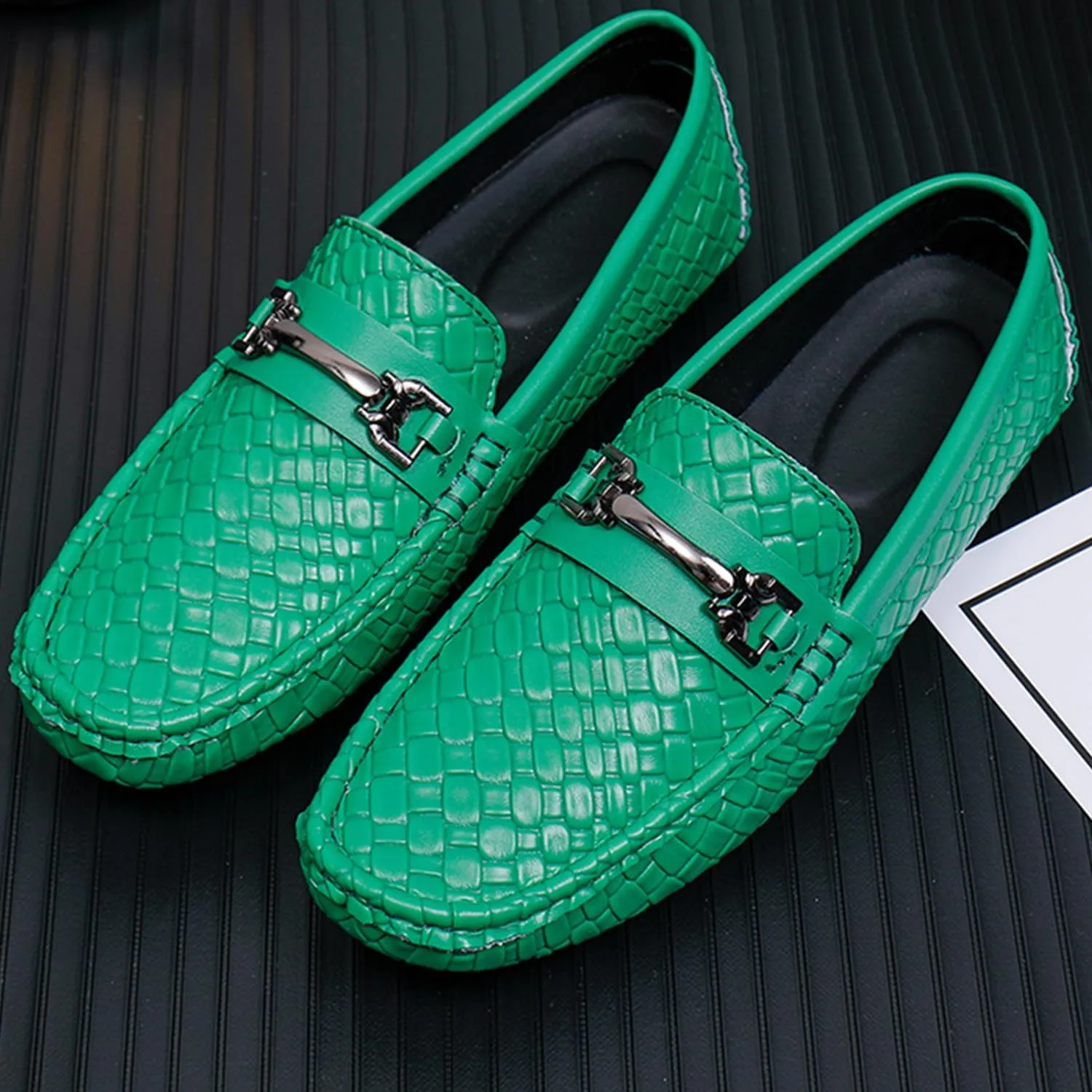 Men's Penny Loafers Woven Leather Driving Loafers Black Slip-On with Buckle Flats Boat Shoes Moccasins