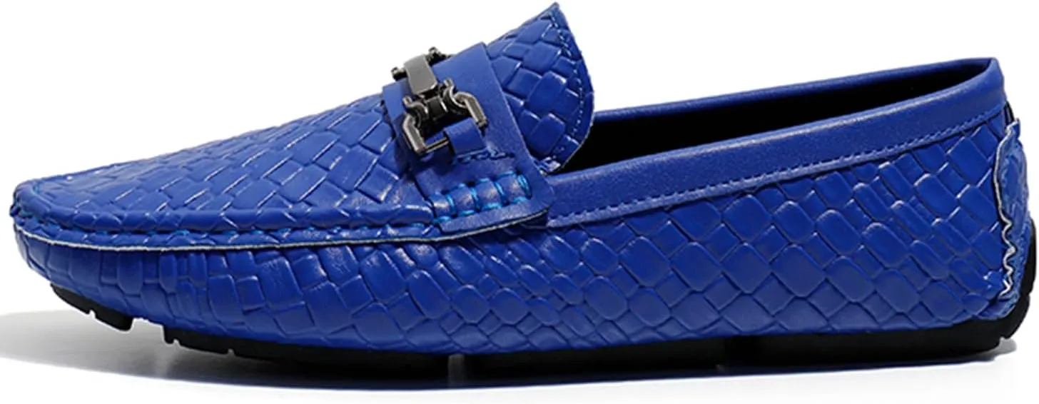 Men's Penny Loafers Woven Leather Driving Loafers Black Slip-On with Buckle Flats Boat Shoes Moccasins