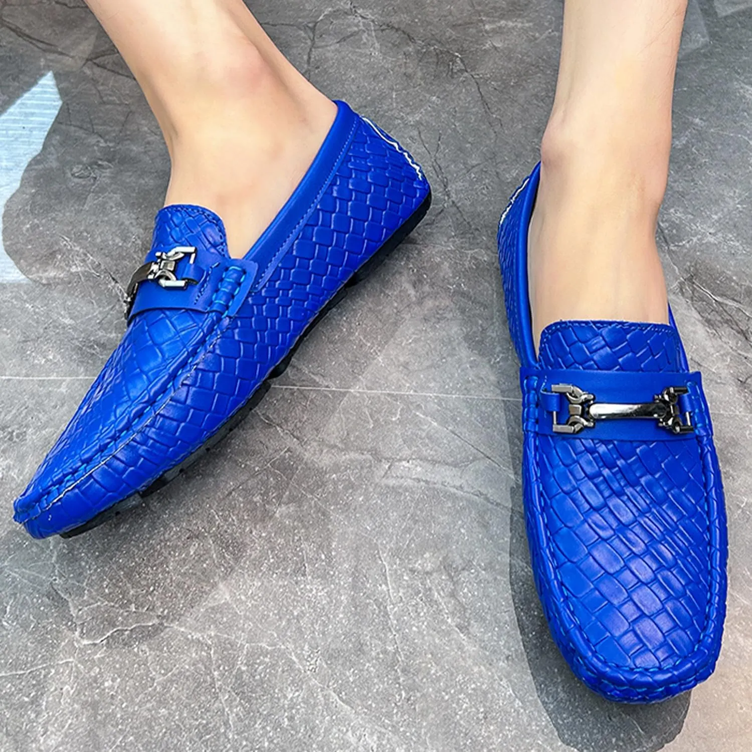 Men's Penny Loafers Woven Leather Driving Loafers Black Slip-On with Buckle Flats Boat Shoes Moccasins
