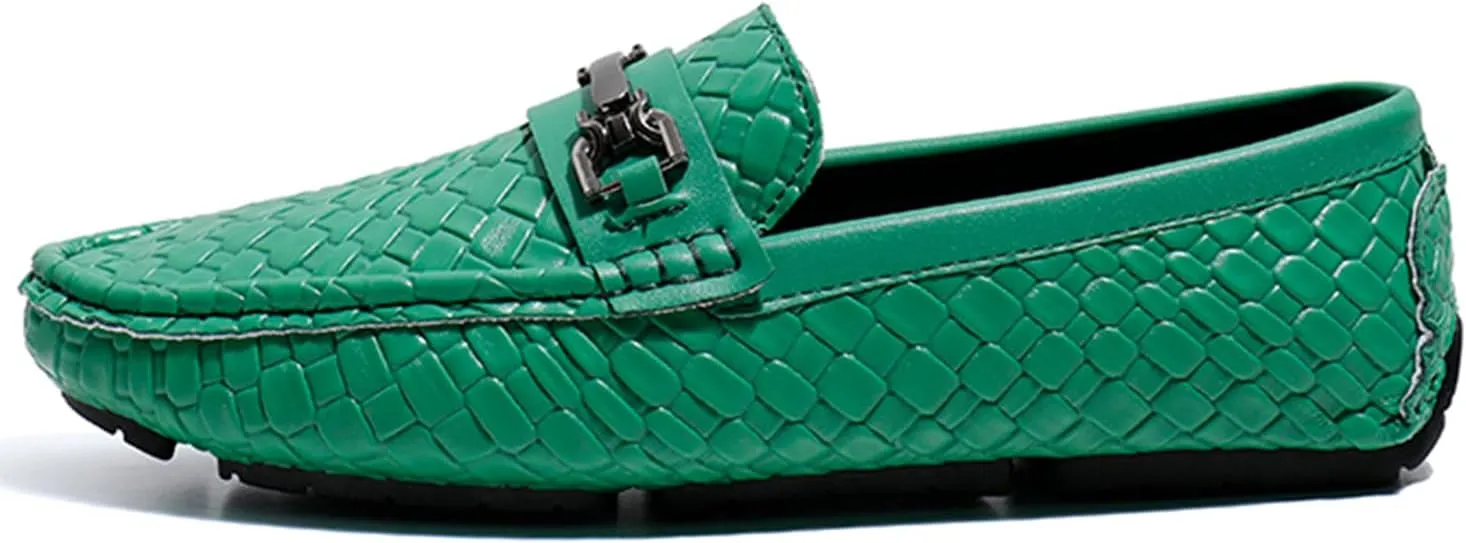 Men's Penny Loafers Woven Leather Driving Loafers Black Slip-On with Buckle Flats Boat Shoes Moccasins