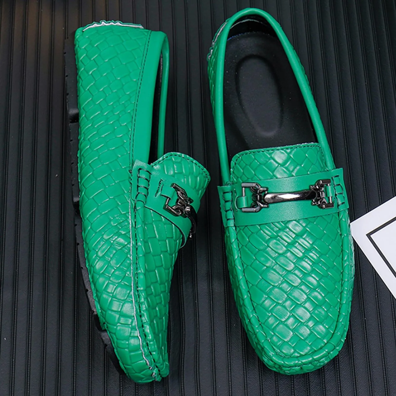 Men's Penny Loafers Woven Leather Driving Loafers Black Slip-On with Buckle Flats Boat Shoes Moccasins
