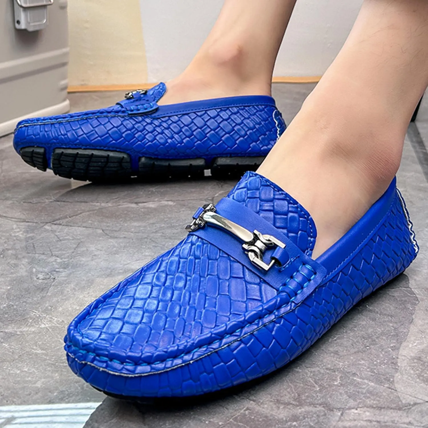Men's Penny Loafers Woven Leather Driving Loafers Black Slip-On with Buckle Flats Boat Shoes Moccasins