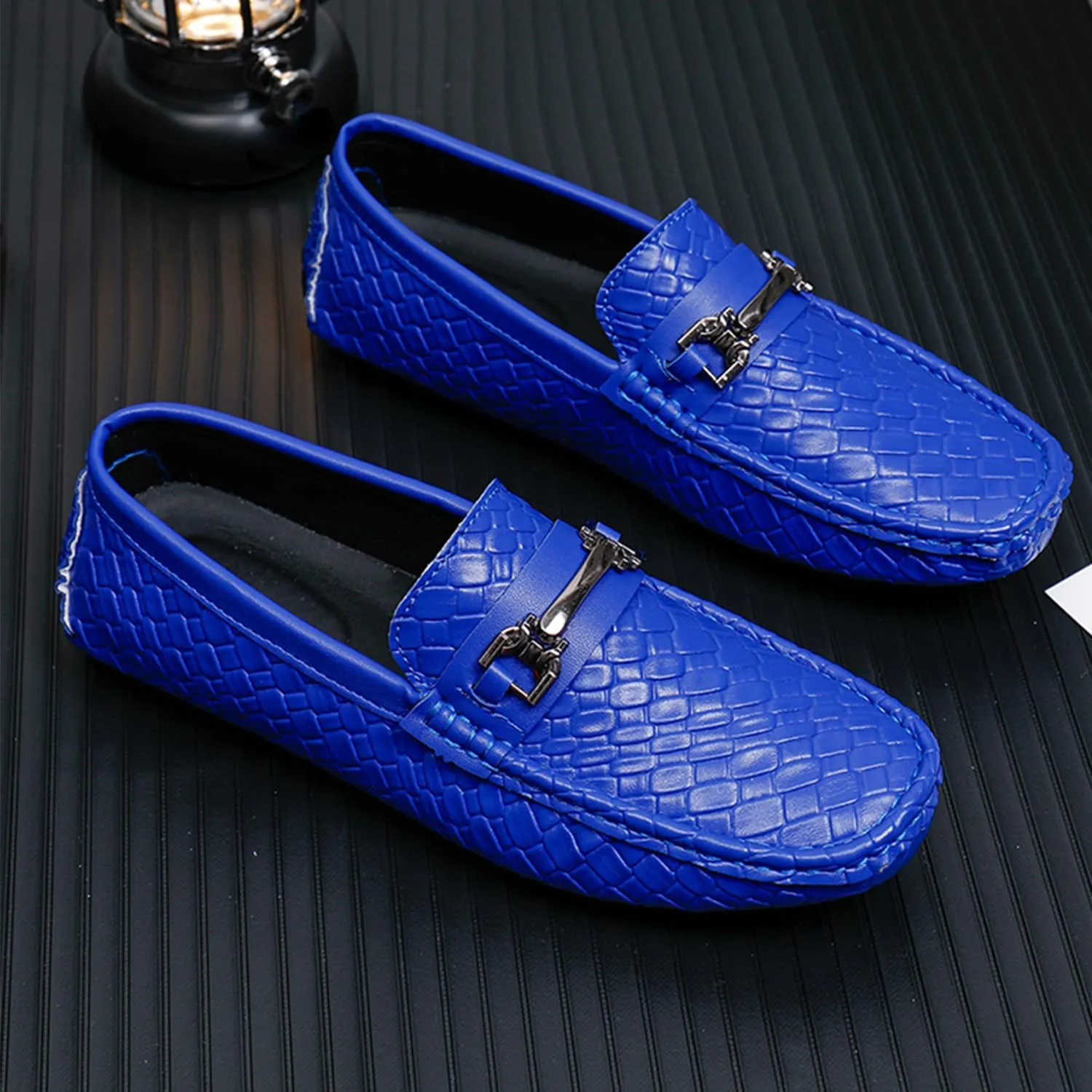 Men's Penny Loafers Woven Leather Driving Loafers Black Slip-On with Buckle Flats Boat Shoes Moccasins