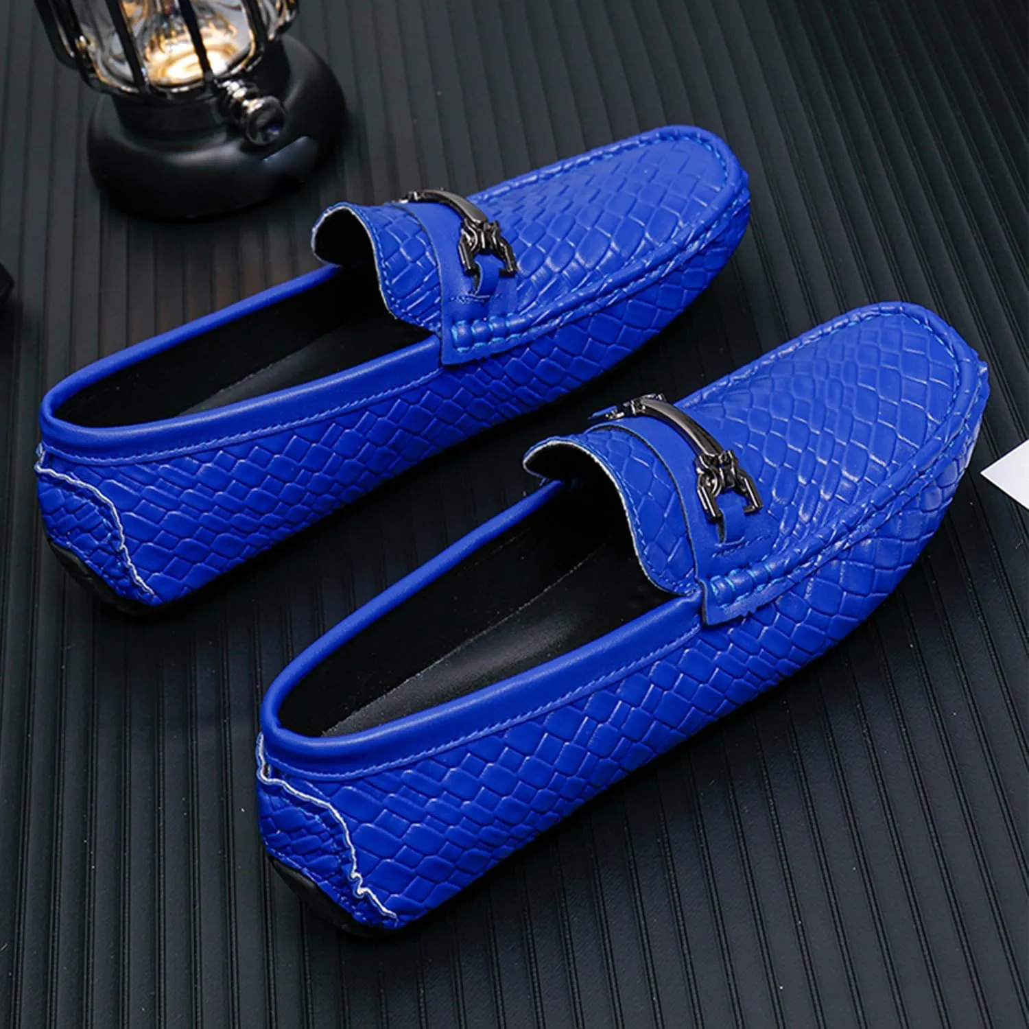 Men's Penny Loafers Woven Leather Driving Loafers Black Slip-On with Buckle Flats Boat Shoes Moccasins