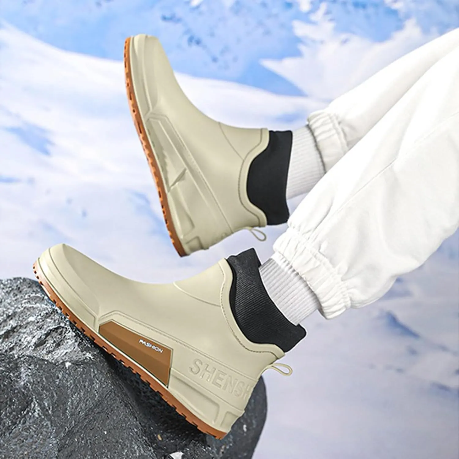 Men's Rain Boots Wide Calf Waterproof Rubber Boots Wide Width Non Slip Work Boots Ankle Short Rain Boots