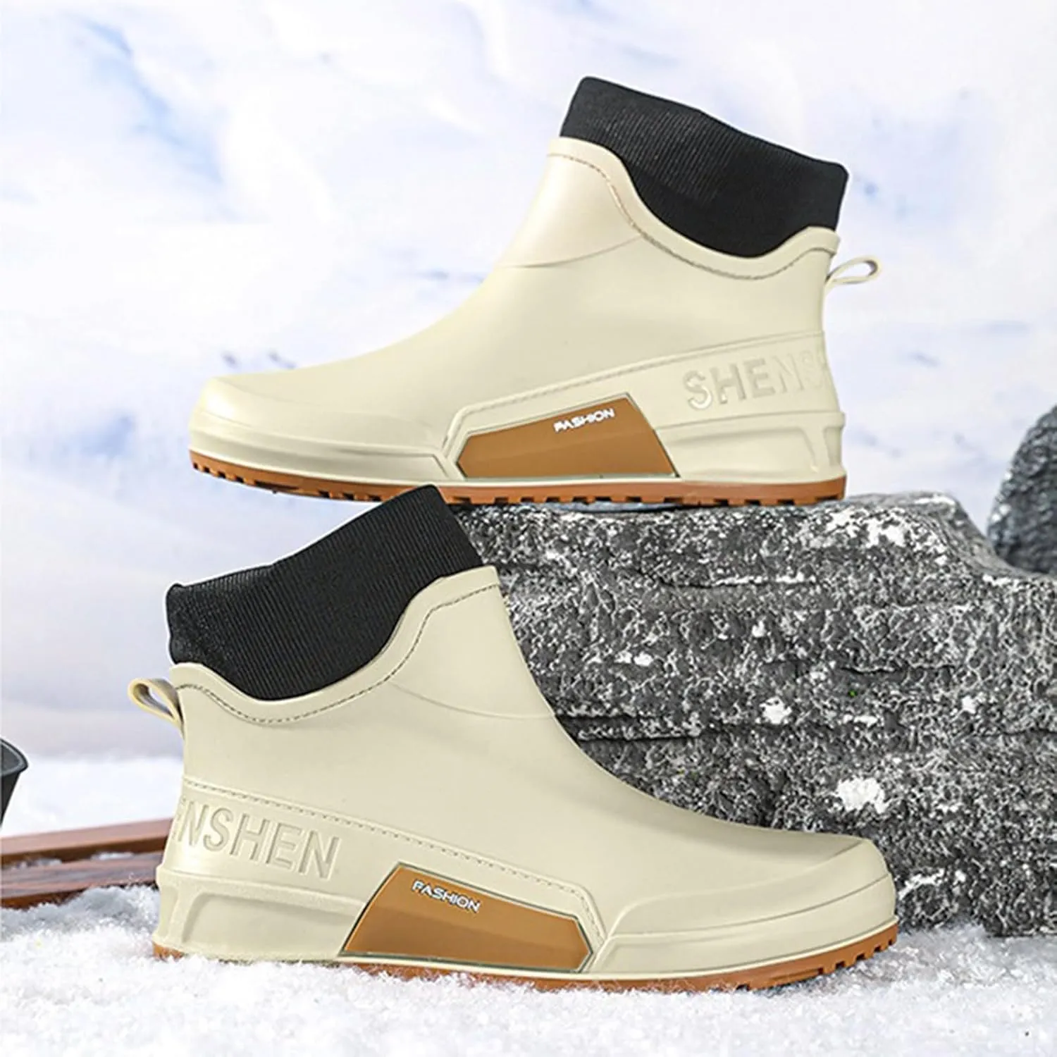 Men's Rain Boots Wide Calf Waterproof Rubber Boots Wide Width Non Slip Work Boots Ankle Short Rain Boots