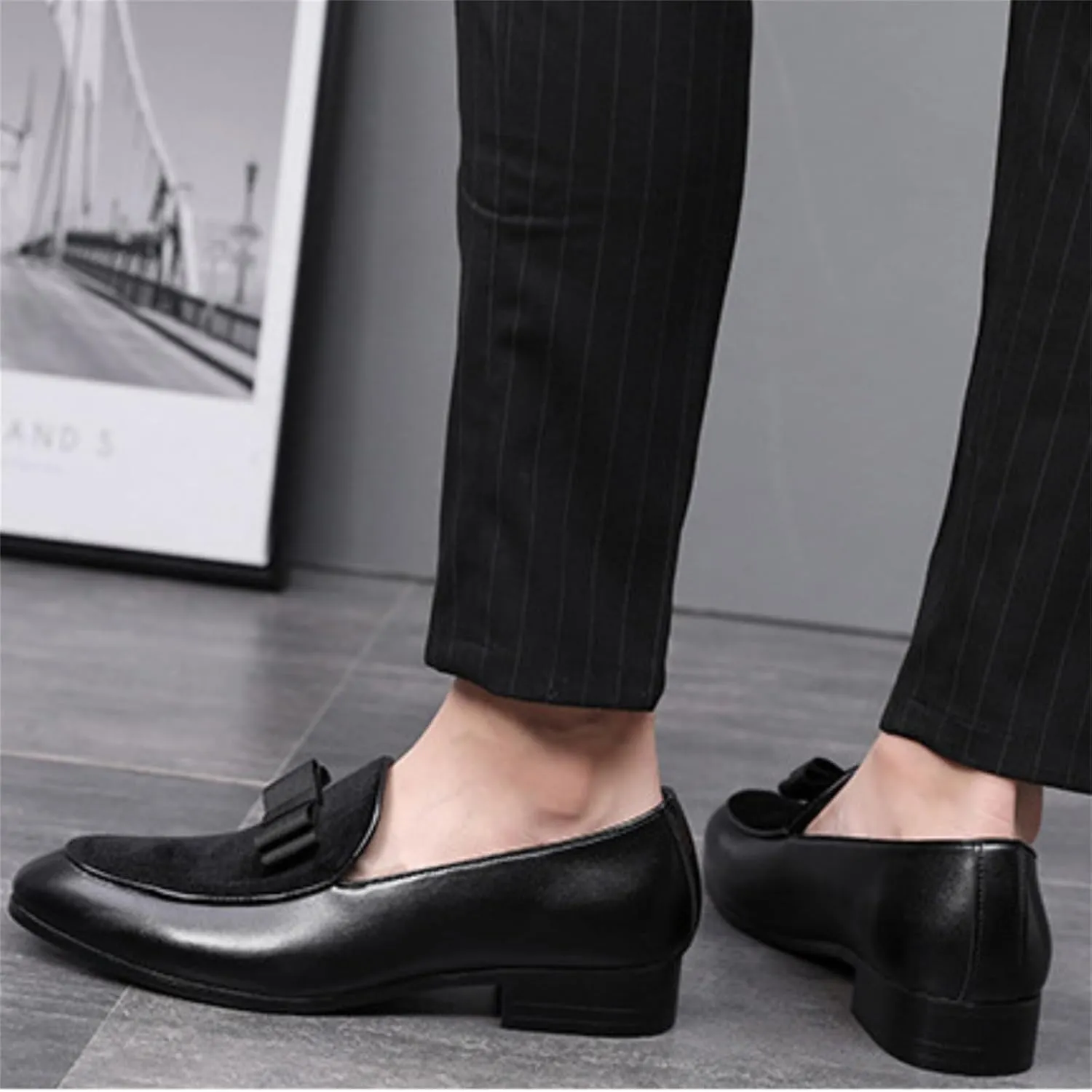 Mens Suede Leather Bowtie Slip On Dress Loafers Retro Two Tone Tuxedo Penny Shoes for Formal Business Dress Wedding