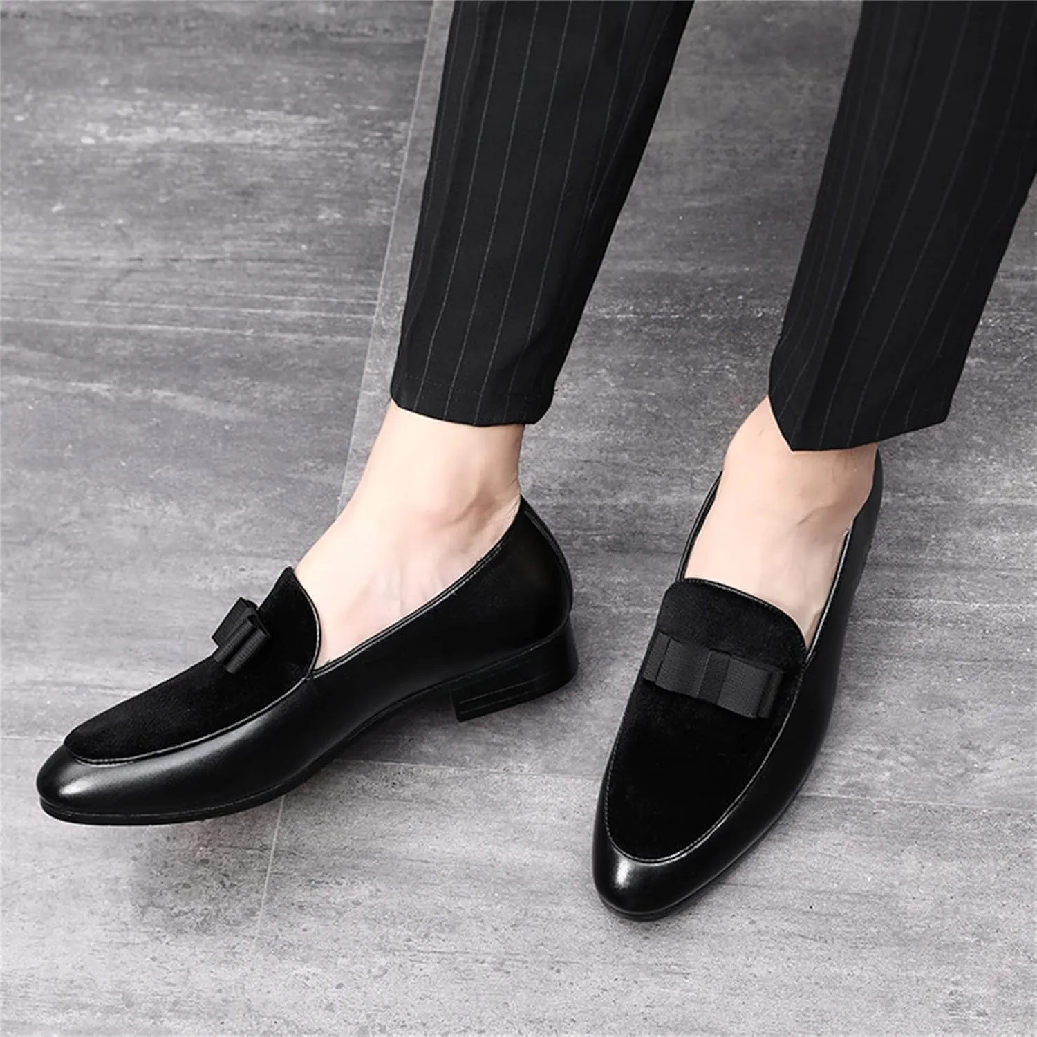 Mens Suede Leather Bowtie Slip On Dress Loafers Retro Two Tone Tuxedo Penny Shoes for Formal Business Dress Wedding