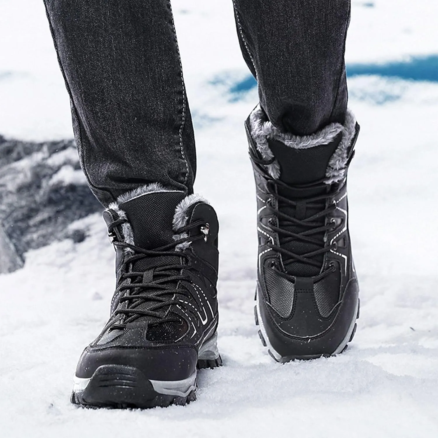 Men's Winter Snow Boots Warm Fur Lining Waterproof Lightweight Insulated Outdoor Lace-Up Wear-Resistant Ankle Anti-slip Cold Weather Hiking Classic Booties