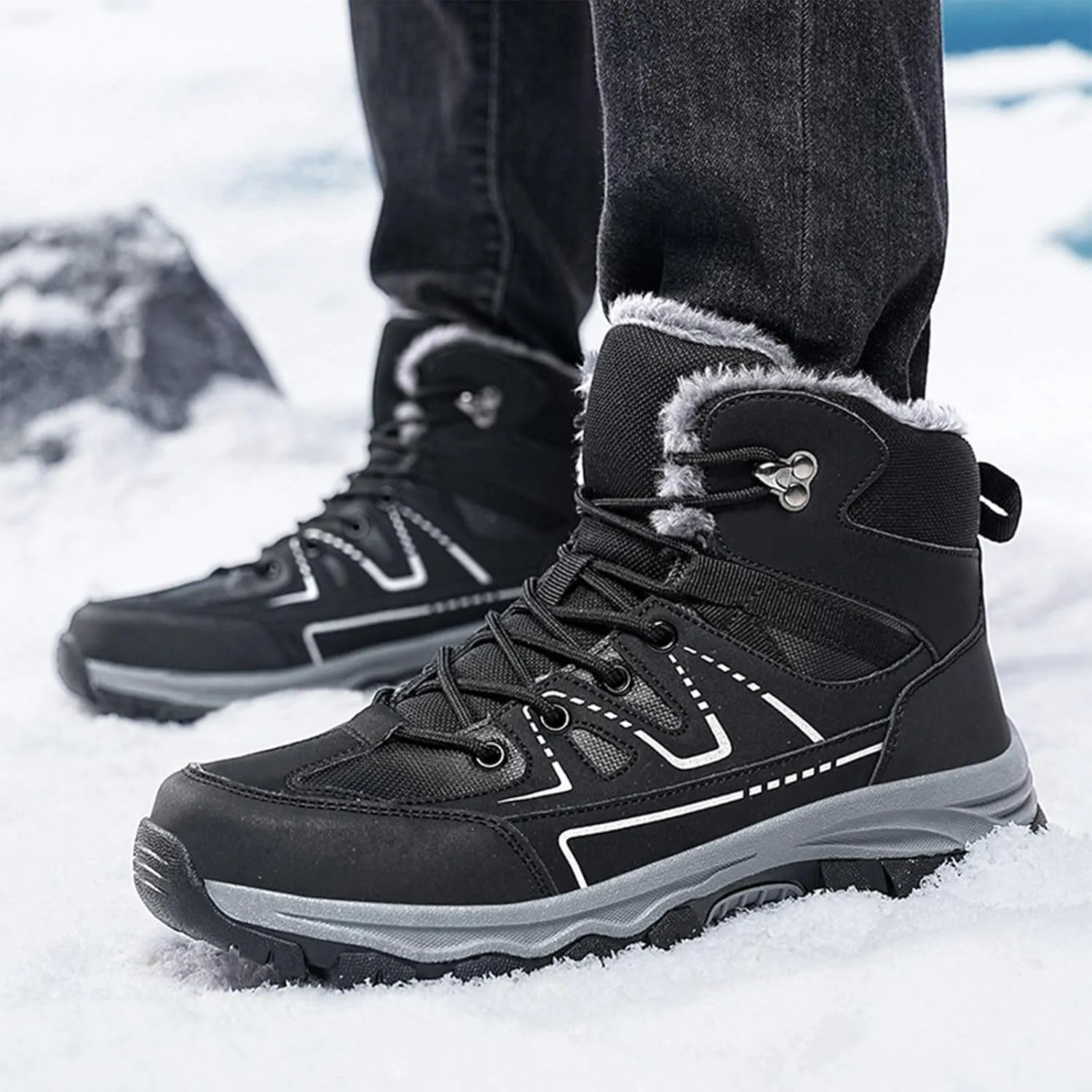 Men's Winter Snow Boots Warm Fur Lining Waterproof Lightweight Insulated Outdoor Lace-Up Wear-Resistant Ankle Anti-slip Cold Weather Hiking Classic Booties