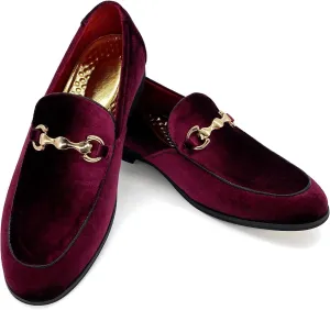 MHB Men's Luxury Velvet Loafer Metallic Suede Dress Shoes Fashionabe Smoking Slipper Burgundy Size 7.5