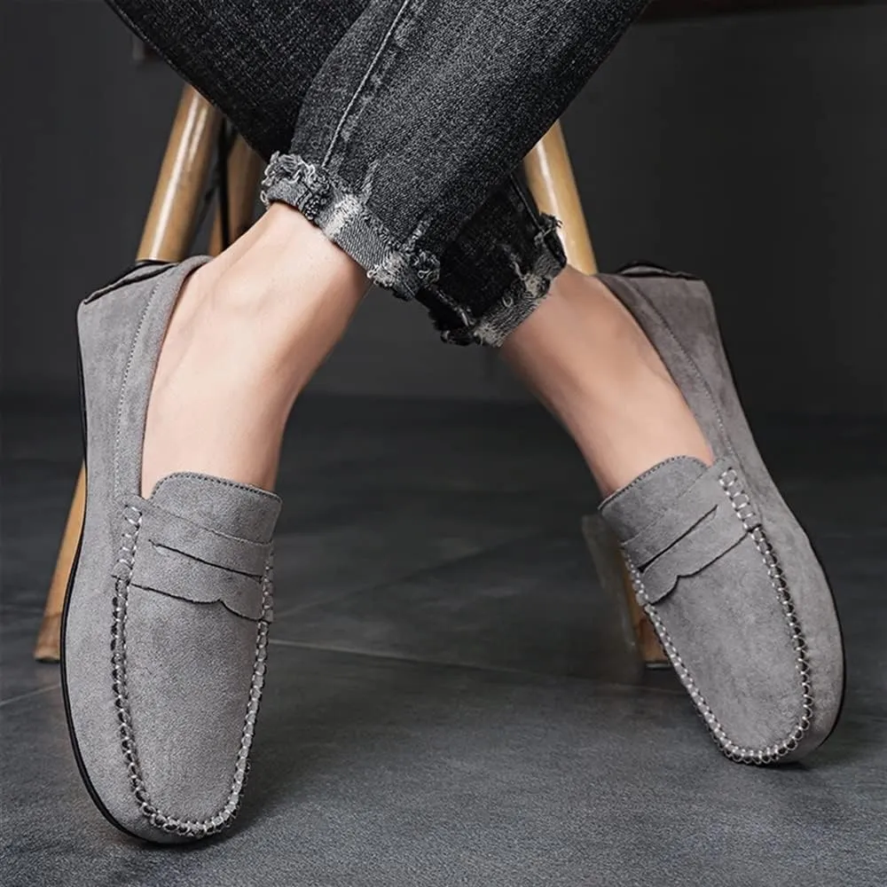 New Mens Loafers Shoe Genuine Leather Round Toe Suede Vamp Penny Loafer Comfortable Lightweight Flexible Prom Wedding Slip-on