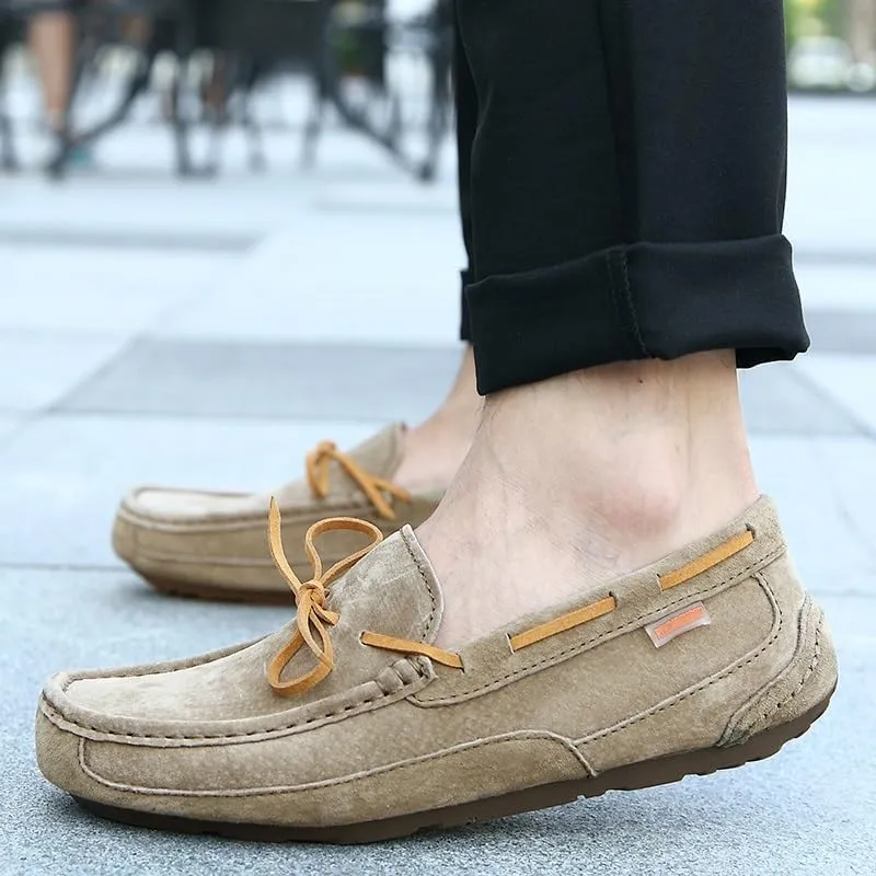 New Mens Loafers Shoe Square Toe Solid Color Suede Vamp Boatshoes Flat Heel Anti-Slip Lightweight Wedding Slip On