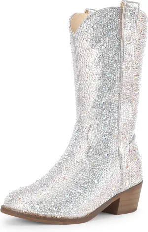 PANDANINJIA Girls Cowgirl Cowboy Boots Rhinestone Sparkly Kid Toddler Boots Bootie Mid Calf Round Toe Western Horse Riding Shoes