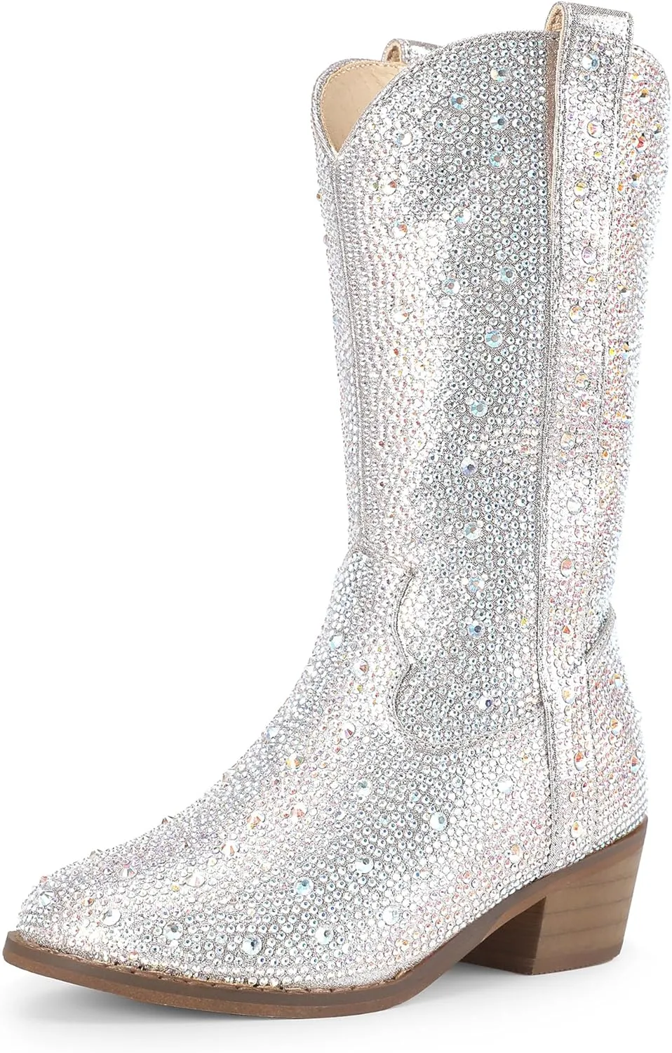 PANDANINJIA Girls Cowgirl Cowboy Boots Rhinestone Sparkly Kid Toddler Boots Bootie Mid Calf Round Toe Western Horse Riding Shoes