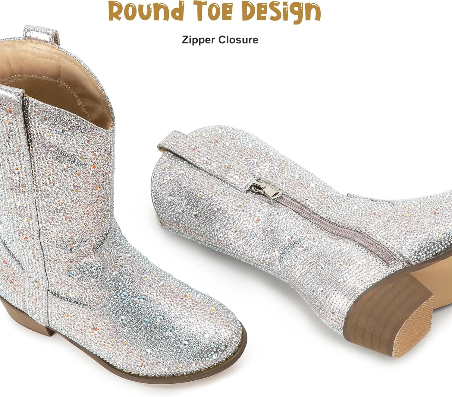 PANDANINJIA Girls Cowgirl Cowboy Boots Rhinestone Sparkly Kid Toddler Boots Bootie Mid Calf Round Toe Western Horse Riding Shoes