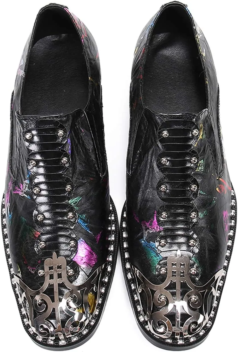 Santimon Mens Loafers Round Toe Patent Leather Fashion Metal Tip Western Dress Shoes