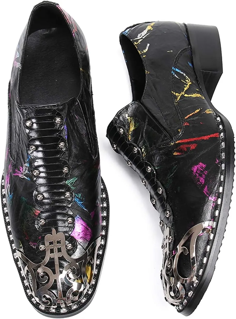 Santimon Mens Loafers Round Toe Patent Leather Fashion Metal Tip Western Dress Shoes