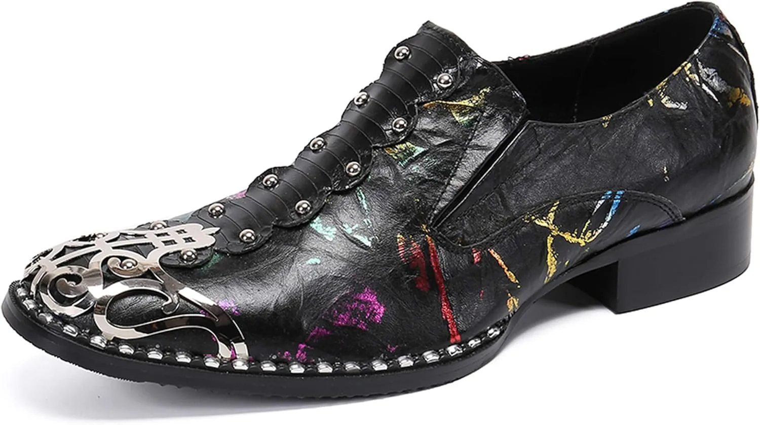 Santimon Mens Loafers Round Toe Patent Leather Fashion Metal Tip Western Dress Shoes