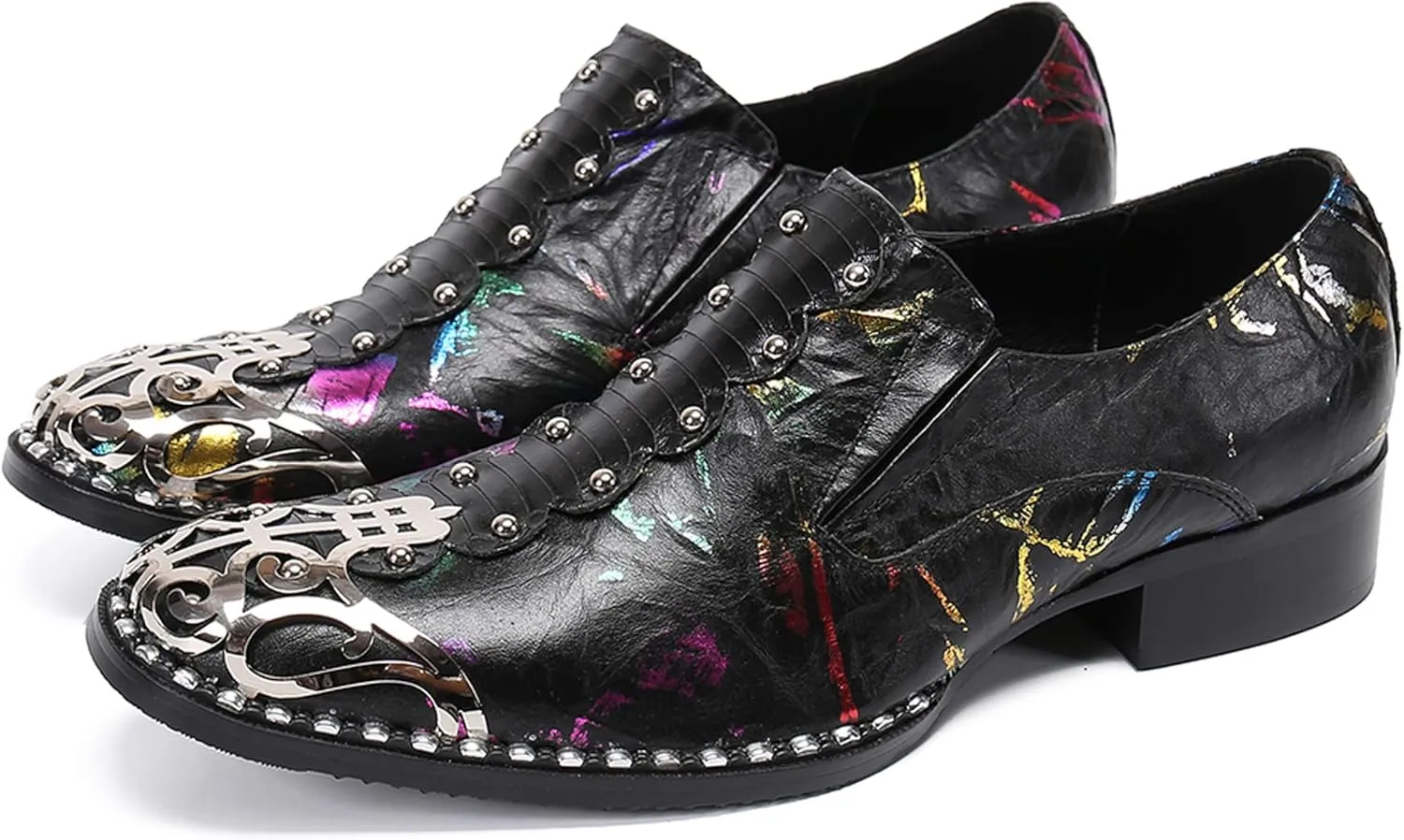 Santimon Mens Loafers Round Toe Patent Leather Fashion Metal Tip Western Dress Shoes
