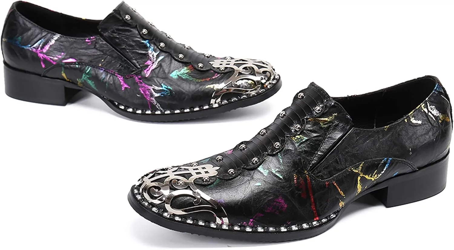 Santimon Mens Loafers Round Toe Patent Leather Fashion Metal Tip Western Dress Shoes