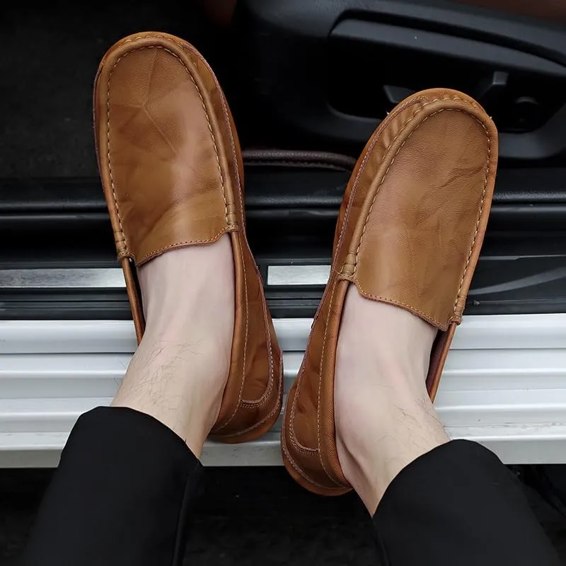 TAYGUM Men's Loafers Round Toe Solid Color Leather Loafer Shoes Flat Heel Anti-Slip Flexible Fashion Slip-on