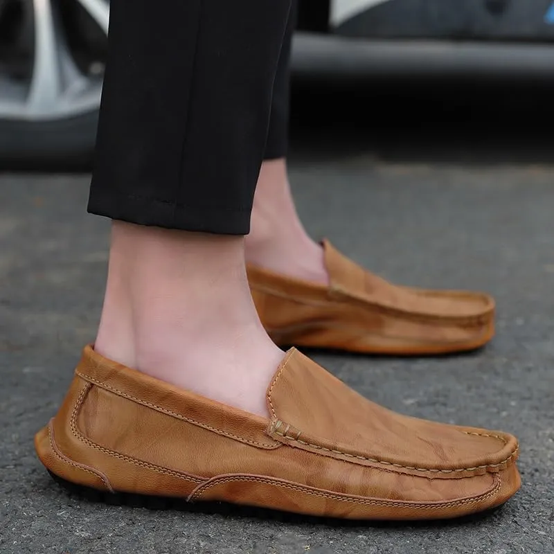 TAYGUM Men's Loafers Round Toe Solid Color Leather Loafer Shoes Flat Heel Anti-Slip Flexible Fashion Slip-on