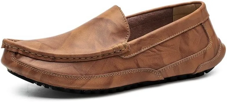 TAYGUM Men's Loafers Round Toe Solid Color Leather Loafer Shoes Flat Heel Anti-Slip Flexible Fashion Slip-on