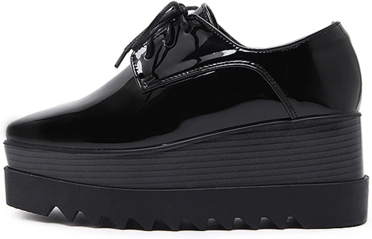 TOSOFT Patent Leather Oxfords for Women Fashion Black Chunky Heel Height Increase Platform Business Work Dress Wedge Shoes