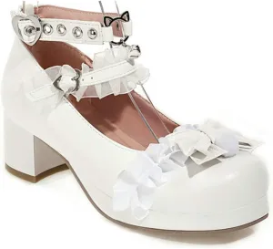VOKLIN Women's Girls Lolita Mary Jane Shoes Sweet Bow Lace Ankle Strap Mid Heel Cosplay Oxford Dress Pumps