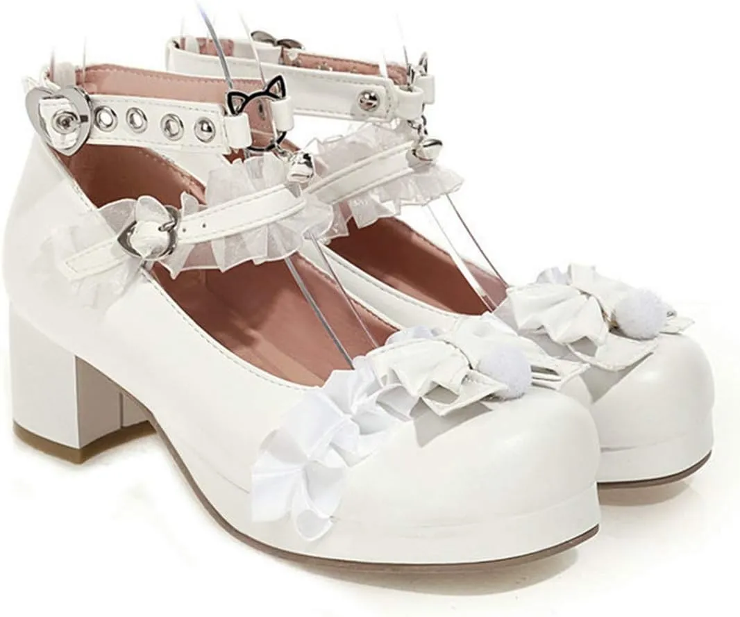 VOKLIN Women's Girls Lolita Mary Jane Shoes Sweet Bow Lace Ankle Strap Mid Heel Cosplay Oxford Dress Pumps