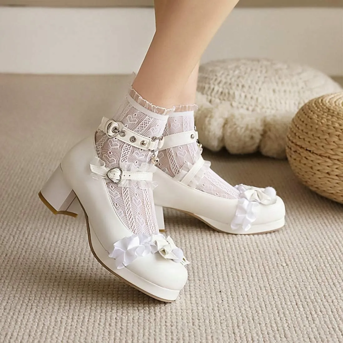VOKLIN Women's Girls Lolita Mary Jane Shoes Sweet Bow Lace Ankle Strap Mid Heel Cosplay Oxford Dress Pumps