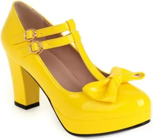 VOKLIN Women's Girls Platform T-Strap Mary Jane Pumps with Bow Ankle Strap Block High Heel Oxford Dress Shoes