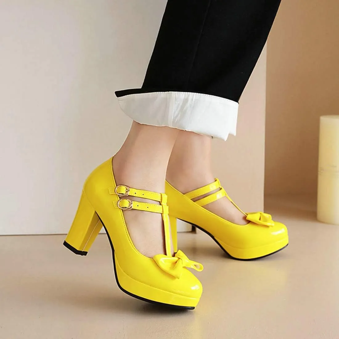 VOKLIN Women's Girls Platform T-Strap Mary Jane Pumps with Bow Ankle Strap Block High Heel Oxford Dress Shoes