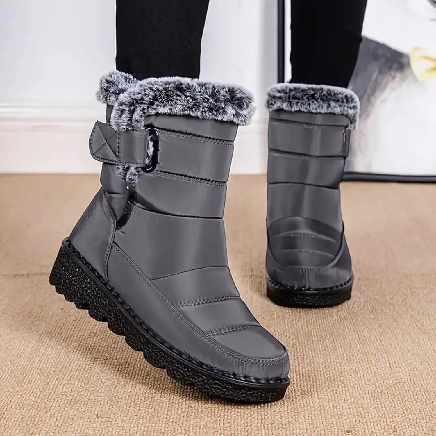 Winter Boots for Women Men Couple Warm Fur Lined Booties Non Slip Waterproof Flat Hook Loop Snow Boots